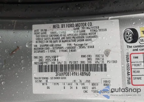 2009 Ford Fusion Sel из США, поврежденный, VIN 3FAHP08149R148960